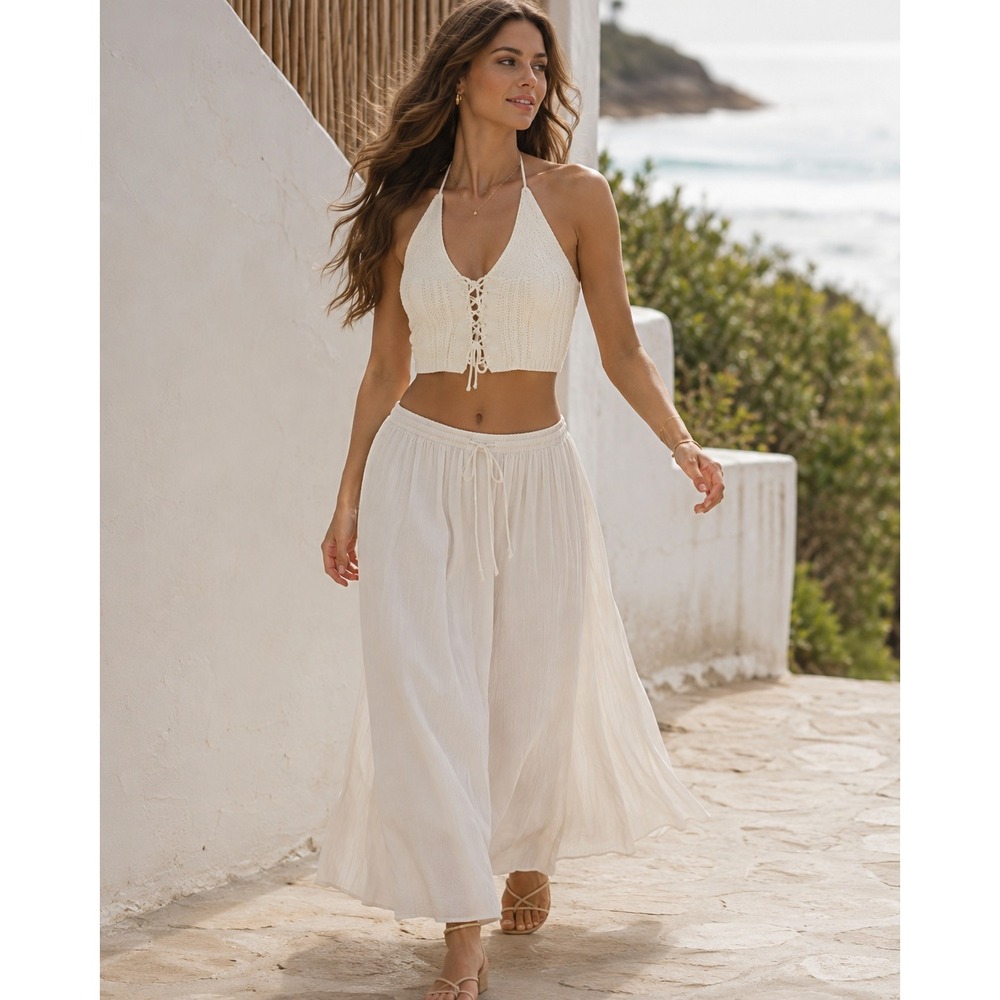 Morning Mist Cream Knit Lace Up Halter Top Size 10 Boho Festival Crochet Style